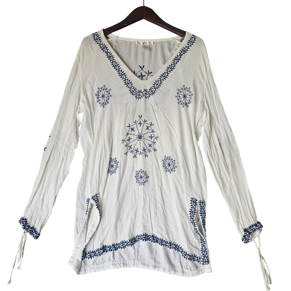Lucky & Coco Embroidered Tunic Top Long Sleeve White Blue Boho Bohemian Size S